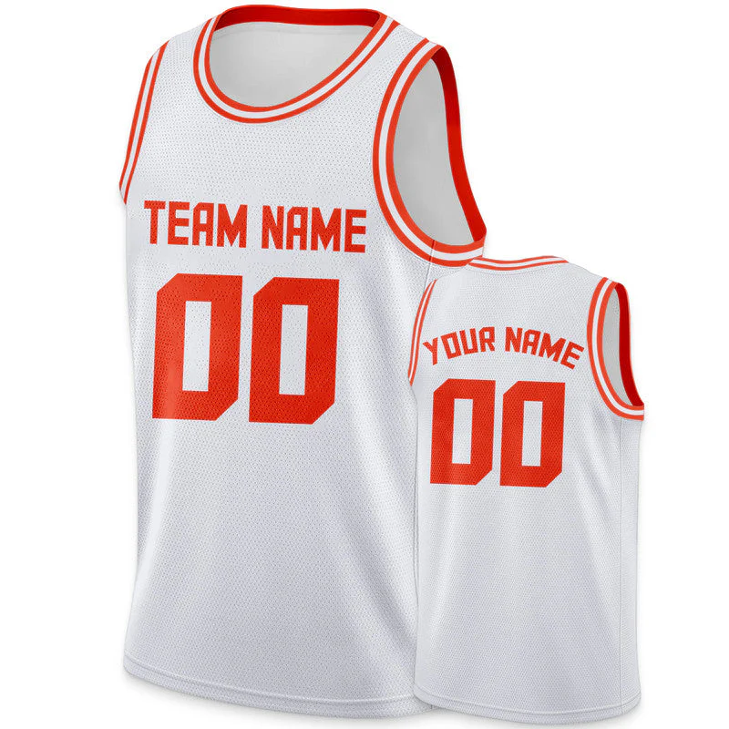 Custom White Orange Round Neck Rib-Knit Basketball Jersey